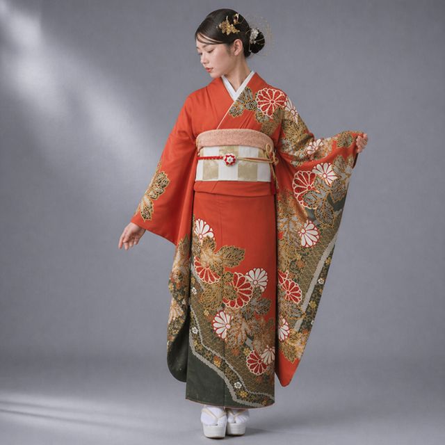 振袖 着物 中古 成人式 結婚式 正絹 金駒刺繍 花の図 菊 菊唐草 樺色 藍海松茶色 金 167cm 裄68.5cm L トール きもの北條 A1360-7