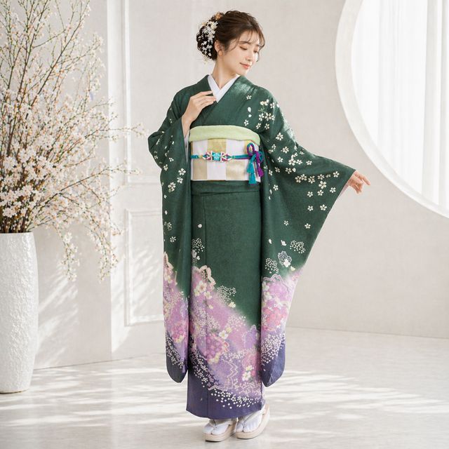 振袖 着物 中古 成人式 結婚式 正絹 花の図 桜 銀通し 織部色 多色 身丈176.5cm 裄72cm L トール きもの北條 A1360-8