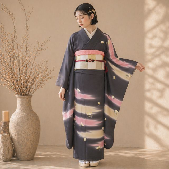 振袖 襦袢 2点 セット 着物 中古 縮緬地 金駒刺繍 暈し 霞 花の図 檳榔