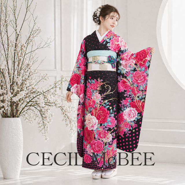 特選 振袖 着物 中古 成人式 結婚式 CECIL McBEE 薔薇の図 水玉 黒色 躑躅色 多色 金 身丈169cm 裄68.5cm L トール きもの北條 A1360-1