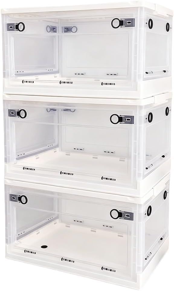 新品 収納ボックス 5面開閉 折りたたみ コンテナ ボックス 衣装ケース 大容量 大型 押し入れ収納ケース クリアボックス 蓋付き おもちゃ 衣類 折り畳み コンテナー プラスチック おしゃれ (5面開き・透明ホワイト・3個セット 120L-幅68*奥47*