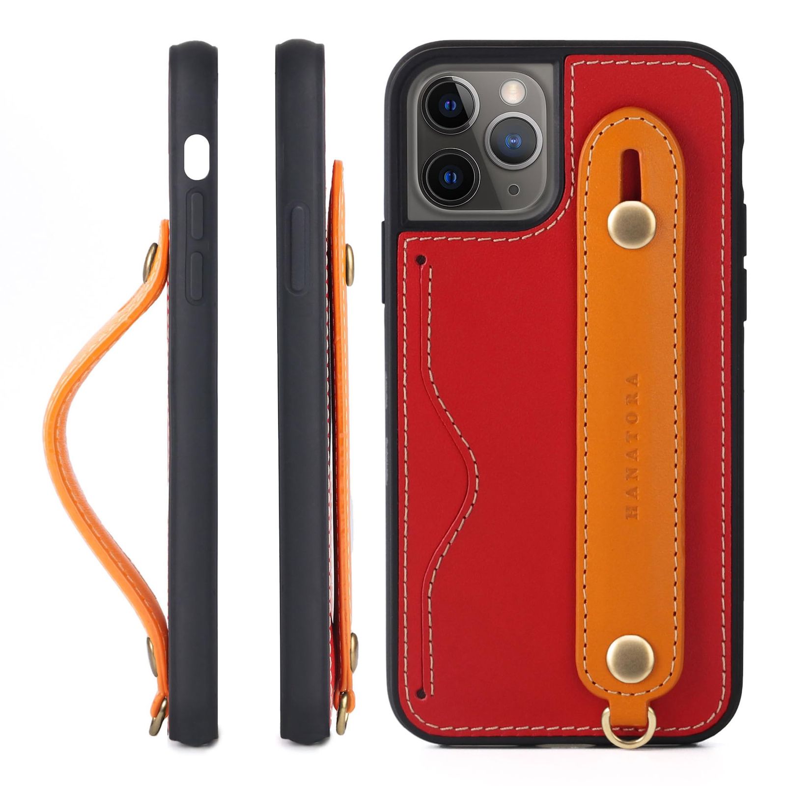 新品 HANATORA for iPhone 11Pro ケース 本革 耐衝撃 背面ベルト ストラップリング スマホケース スマホ スタンド機能 ネックストラップ 付き イタリアンレザー ギフト レッド+オレンジ CGH-11Pro-Red-OG