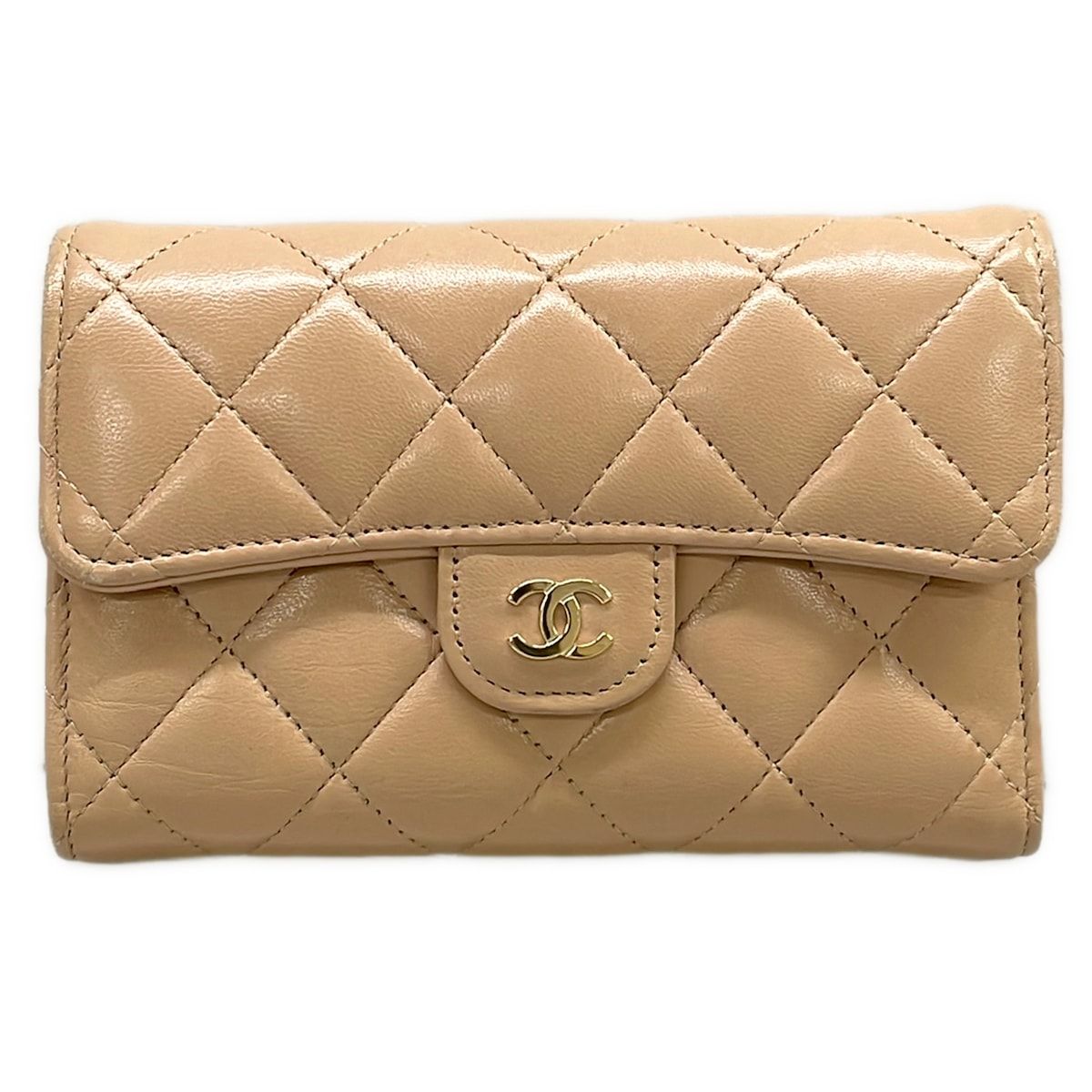CHANEL(シャネル) 3つ折り財布 マトラッセ AP0232 ベージュ ココマーク/ゴールド金具 ラムスキン