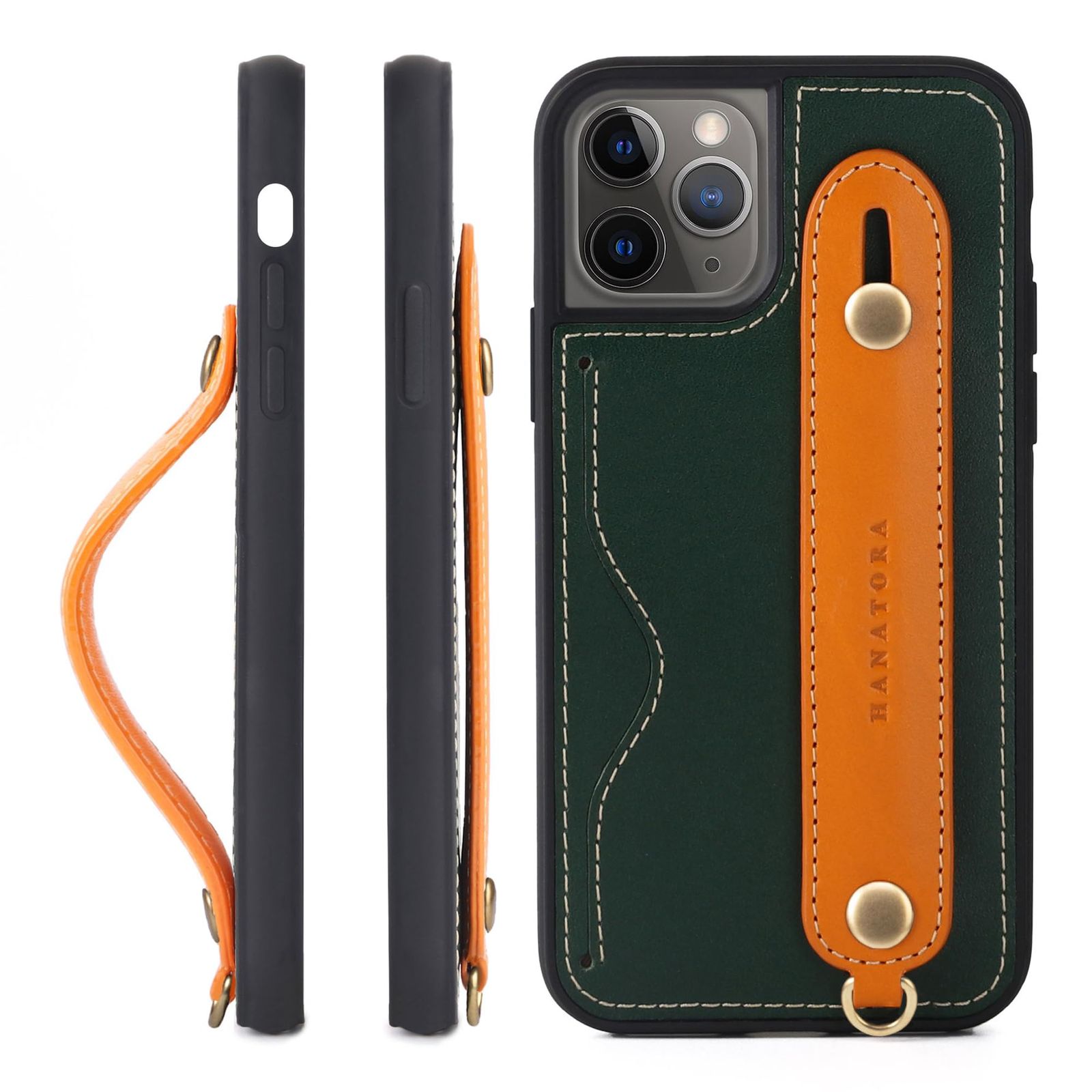 新品 HANATORA for iPhone 11ProMax ケース 本革 耐衝撃 背面ベルト ストラップリング スマホケース スマホ スタンド機能 ネックストラップ 付き イタリアンレザー ギフト グリーン+オレンジ CGH-11ProMax-Green-