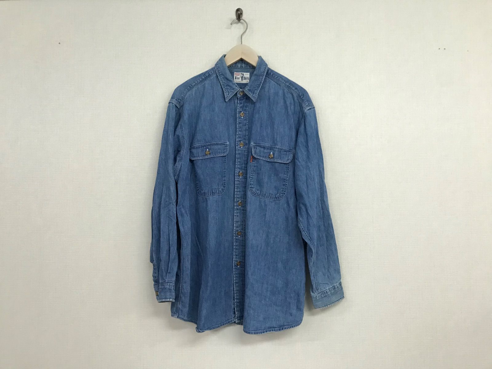 本物リーバイスLEVI’Sコットンオレンジタブデニム長袖シャツメンズサーフアメカジワークミリタリーストリートスケータービジネススーツモードゴルフドレス青ブルーL日本製80S90Sヴィンテージ