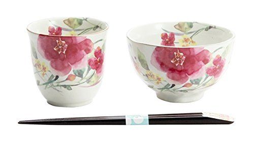 新品 花水彩飯碗湯呑 シュウメイ菊(天宝箸付) 40483