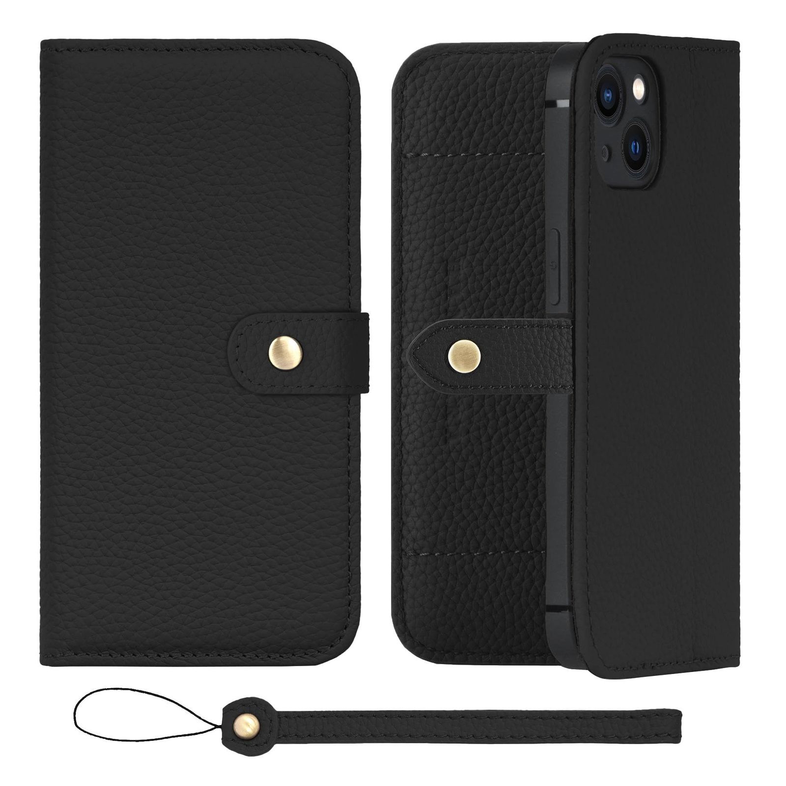 新品 HANATORA for iPhone 13 ケース 手帳型 本革 スマホケース スマホ スタンド ストラップ 付き シュリンクカーフレザー ベルトあり マグネットなし ブラック H1SPB-13-Black ギフト 誕生日 女性 男性 彼女 お母さん