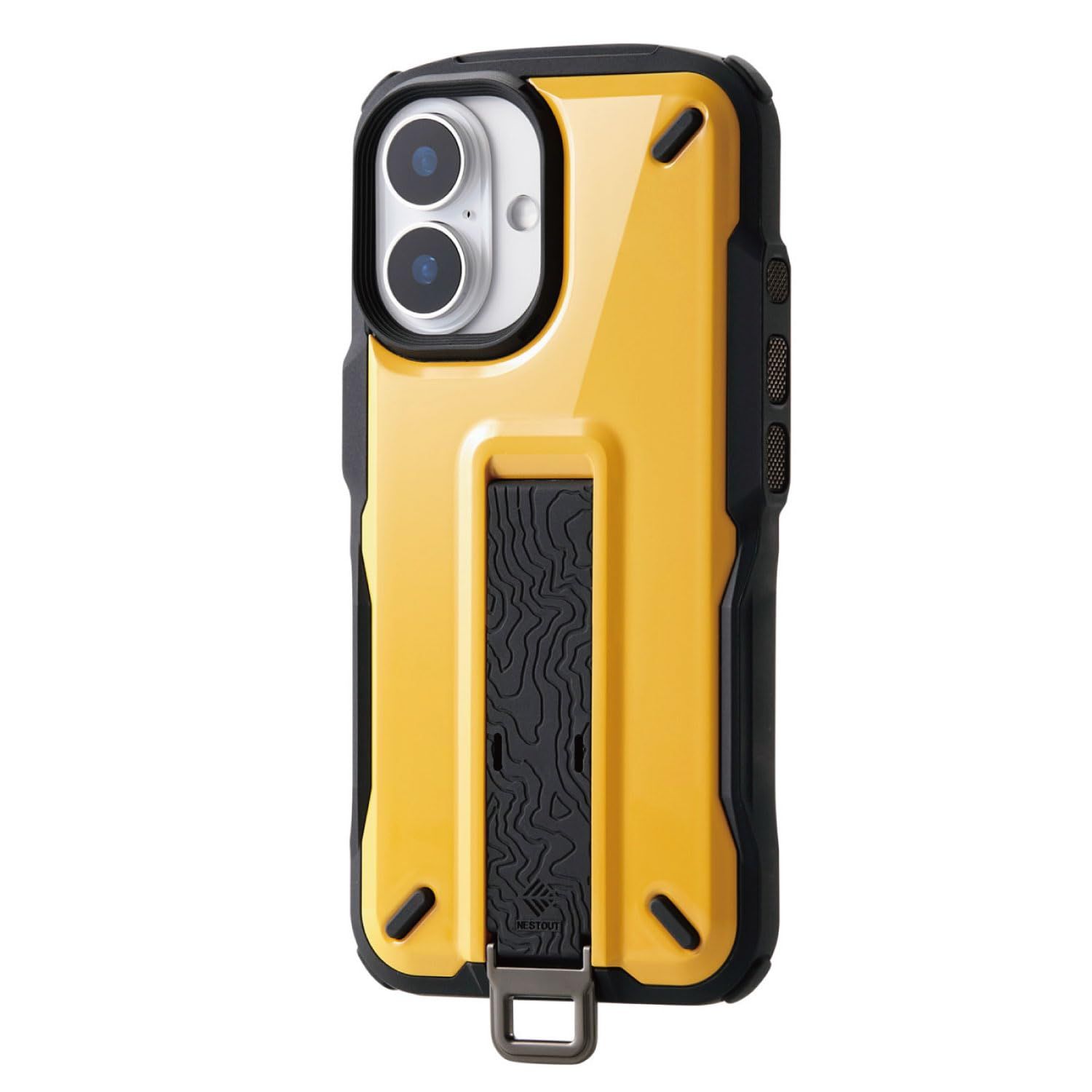 新品 エレコム iPhone 16 ケース NESTOUT 耐衝撃 衝撃吸収 [リュックのショルダーベルトに装着可能] フィンガーバンド付き スタンド機能 ストラップホール付き アウトドア イエロー PM-A24ANESTYL