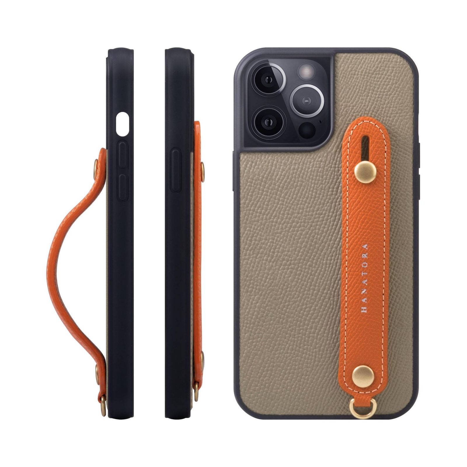 新品 HANATORA for iPhone 15ProMax ケース 本革 耐衝撃 背面ベルト スマホケース スマホ スタンド機能 ネック ストラップ 付き エンボスレザー ギフト マグネットなし グレージュ+オレンジ NGH-15ProMax-Grege-