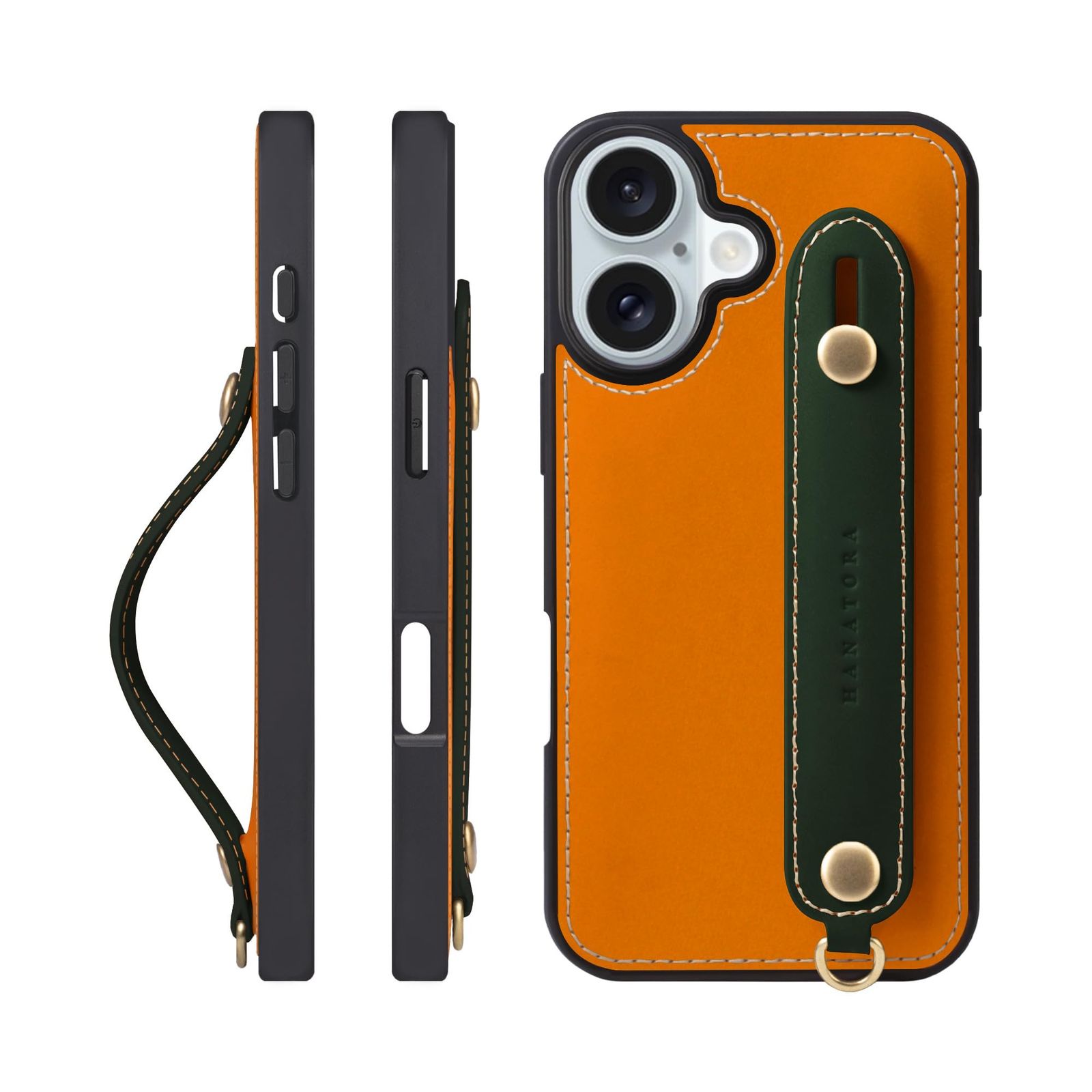 新品 HANATORA for iPhone 16 ケース 本革 耐衝撃 背面ベルト ストラップリング スマホケース スマホ スタンド機能 コードホルダー ガラスフィルム 付き オイルドレザー ギフト オレンジ+グリーン GH-16-Orange-Green