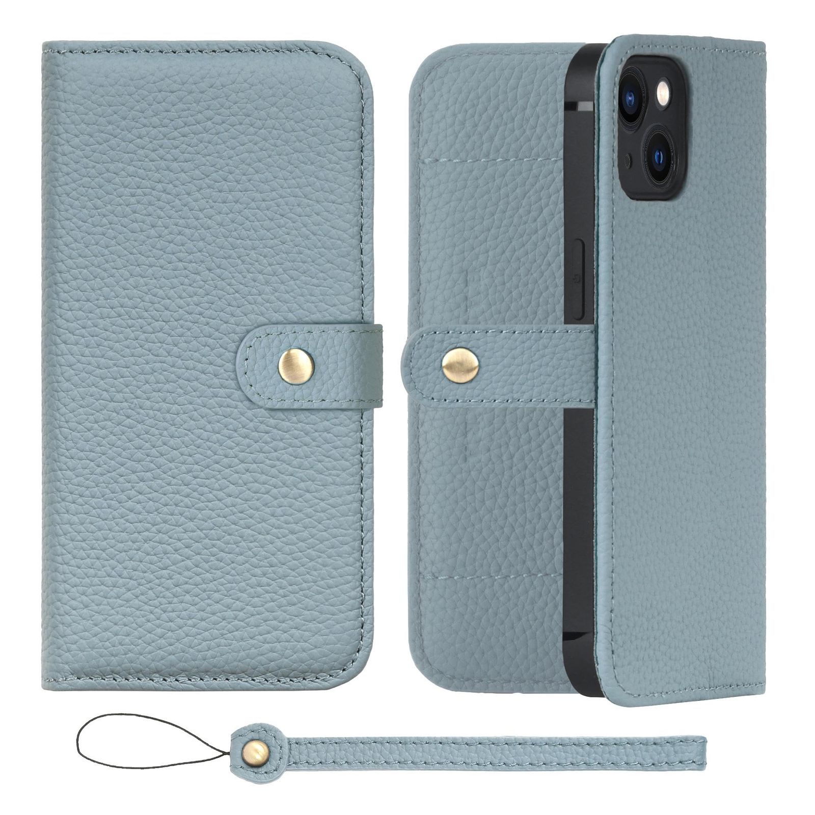 新品 HANATORA for iPhone 14 ケース 手帳型 本革 スマホケース スマホ スタンド ストラップ 付き シュリンクカーフレザー ベルトあり マグネットなし ブルーグレー H1SPB-14-BlueGray ギフト 誕生日 女性 男性 彼女