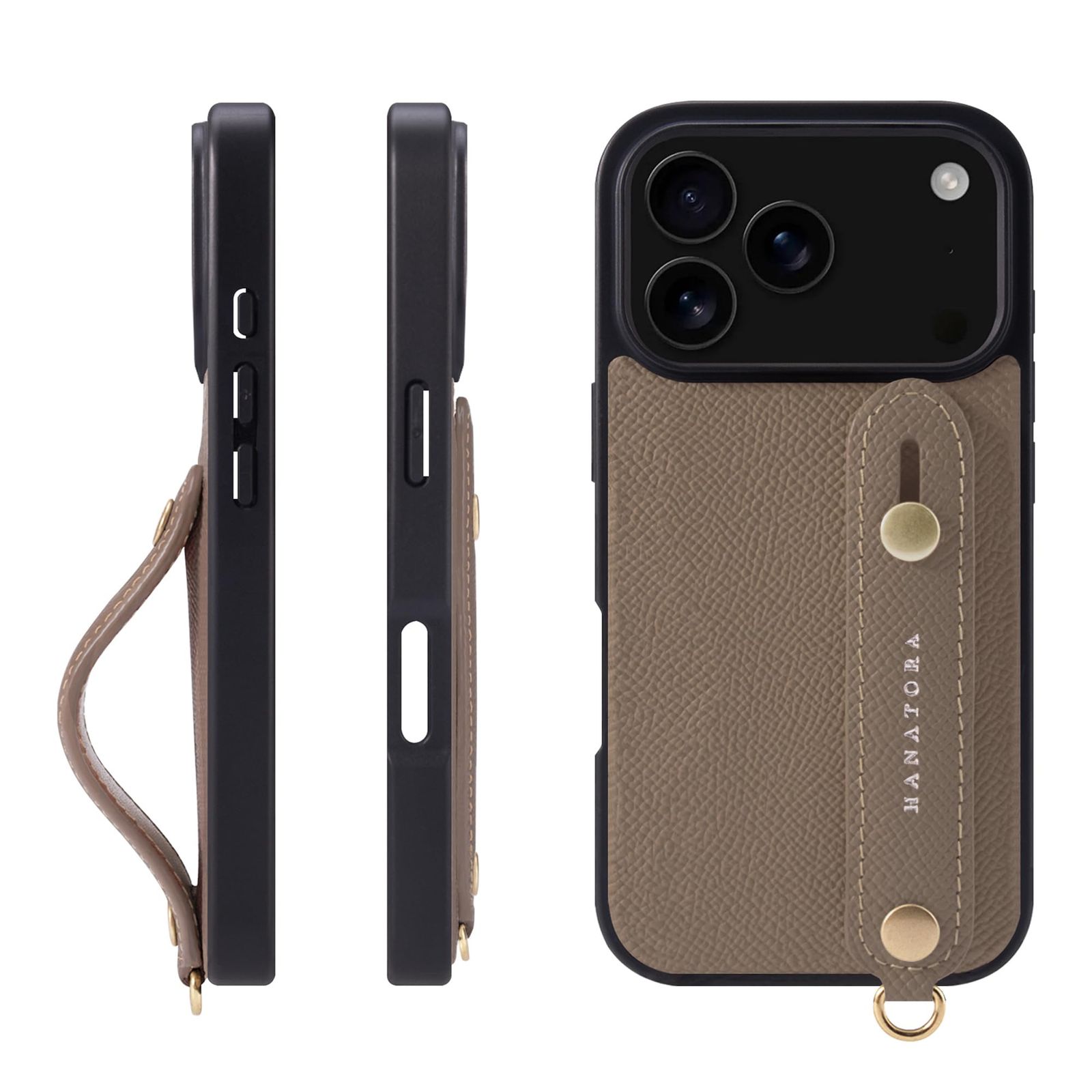 新品 HANATORA for iPhone 17Pro ケース 本革 耐衝撃 背面ベルト スマホケース スマホ スタンド機能 ネック ストラップ 付き エンボスレザー ギフト マグネットなし トープ NGH-17Pro-Taupe