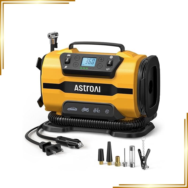 【新品】 AstroAI エアーコンプレッサー 電動空気入れ 5 in 1 タイヤ・プール 自動車用 AC/DC給電 150 PSI 自動電源オフ メモリ機能 LEDライト五種類変換ノズル 仏式/米式/英式 全バルブ対応 バイク 自転車 エアマットレス 浮き輪