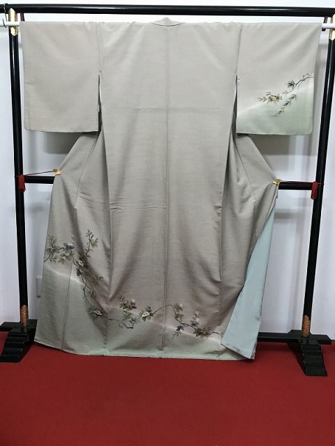 【中古】Mサイズ 付け下げ 化繊 青朽葉色地に枝花模様