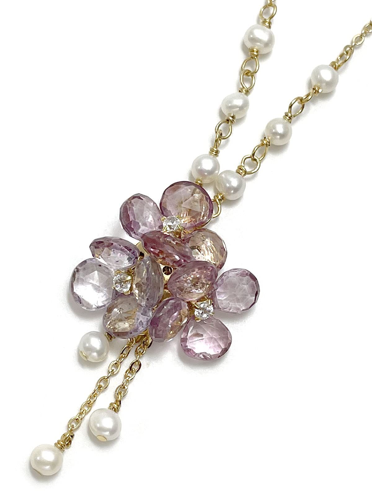 新品 Cherry A986 Pink Topaz Flower Hydrangea Hydrangea Freshwater Pearl Cubic Zirconia Pendant Necklace Natural Stone Power Stone p