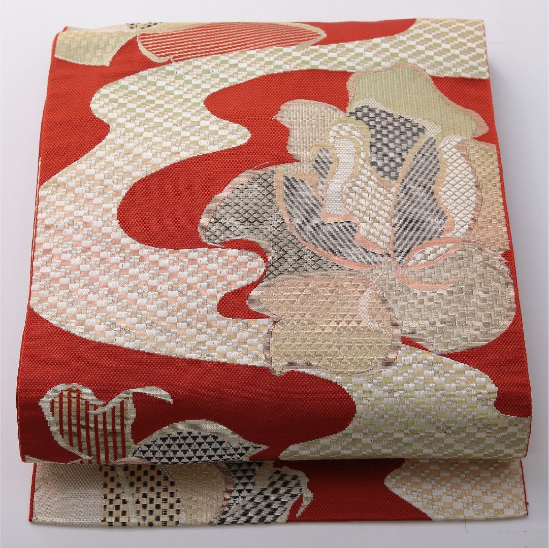 お買い得品！八寸名古屋帯 Sランク 帯丈351cm 正絹 六通 松葉仕立て 帯芯なし 織り インフォーマル 斜子織 牡丹 赤に近い朱系 LP 1245-03457
