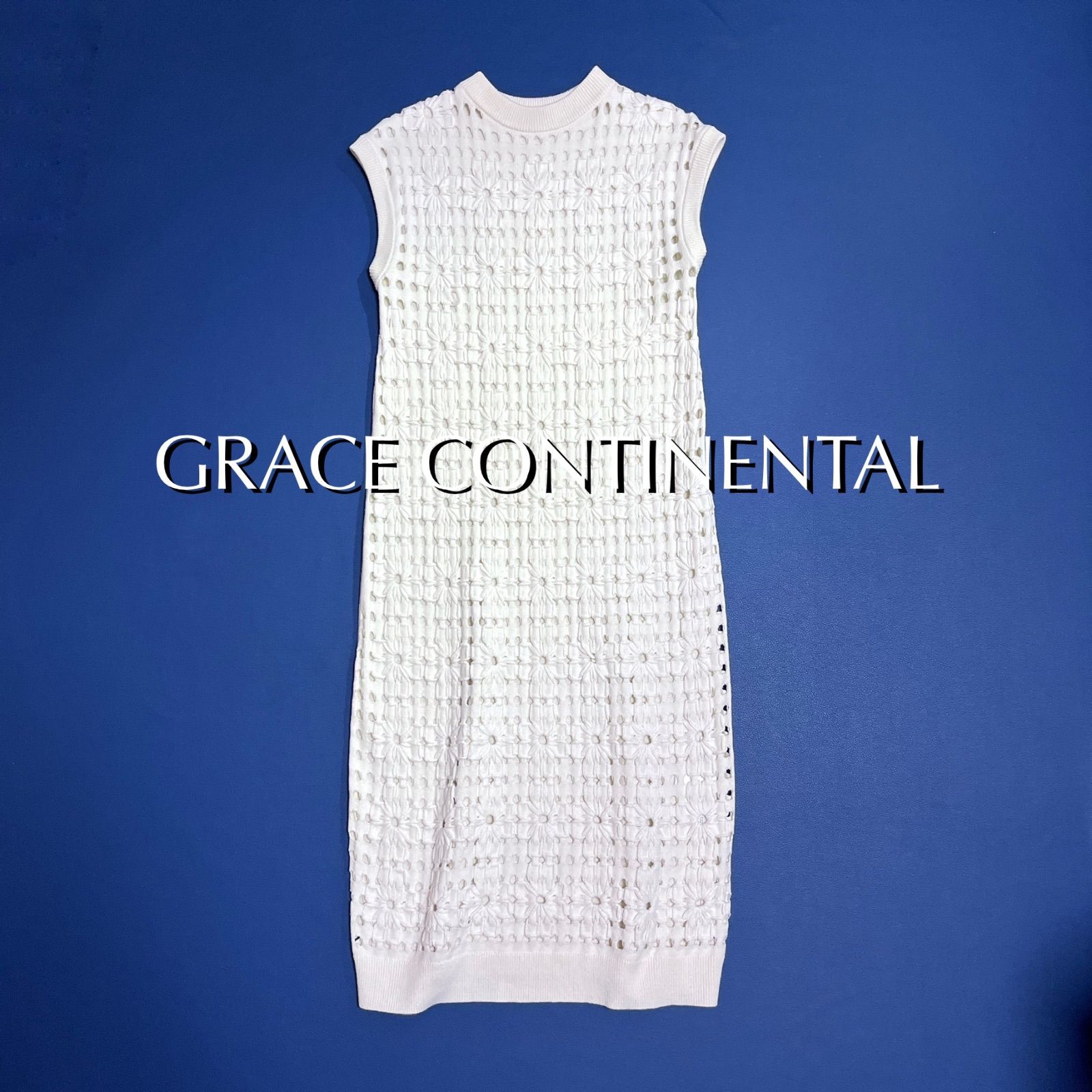kX03 GRACE CONTINENTAL フラワーメッシュニットワンピース ロングワンピース カットワーク 刺繍 花柄 ノースリーブ ニット アイボリー 定価36,300円
