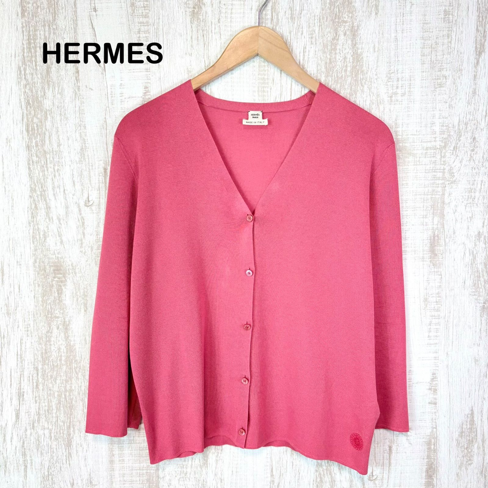 HERMES エルメス シルク ロゴ刺繍 Vネック ハイゲージ ニット ロングスリーブ カーディガン ピンク レディース 長袖 トップス