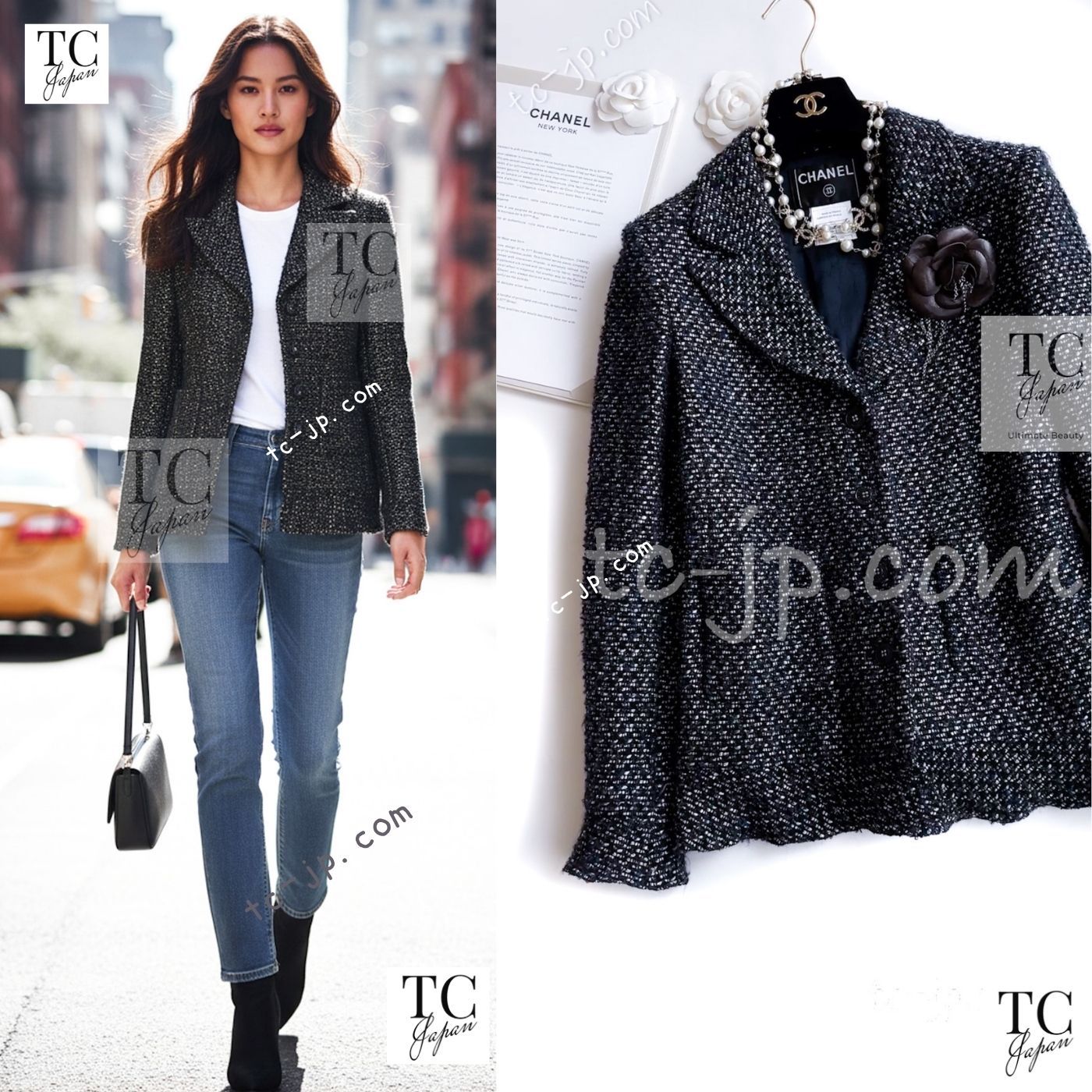 シャネル ジャケット CHANEL ブラック ネイビー メタリック ウール モヘア ツイード カール・ラガーフェルド 超美品 40