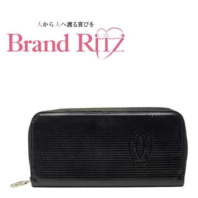 中古 カルティエ ラウンドファスナー 長財布 ブラック パテントレザー