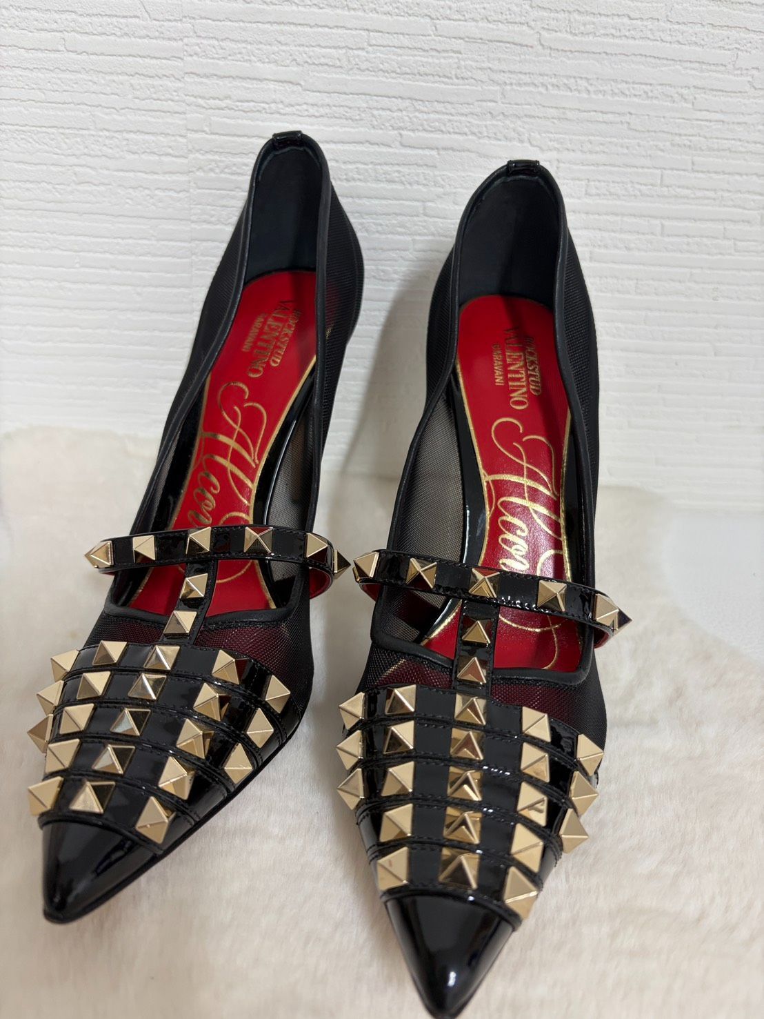 中古美品正規品　VALENTINO GARAVANI　ヴァレンティノ メッシュ パテント ロックスタッズ パンプス