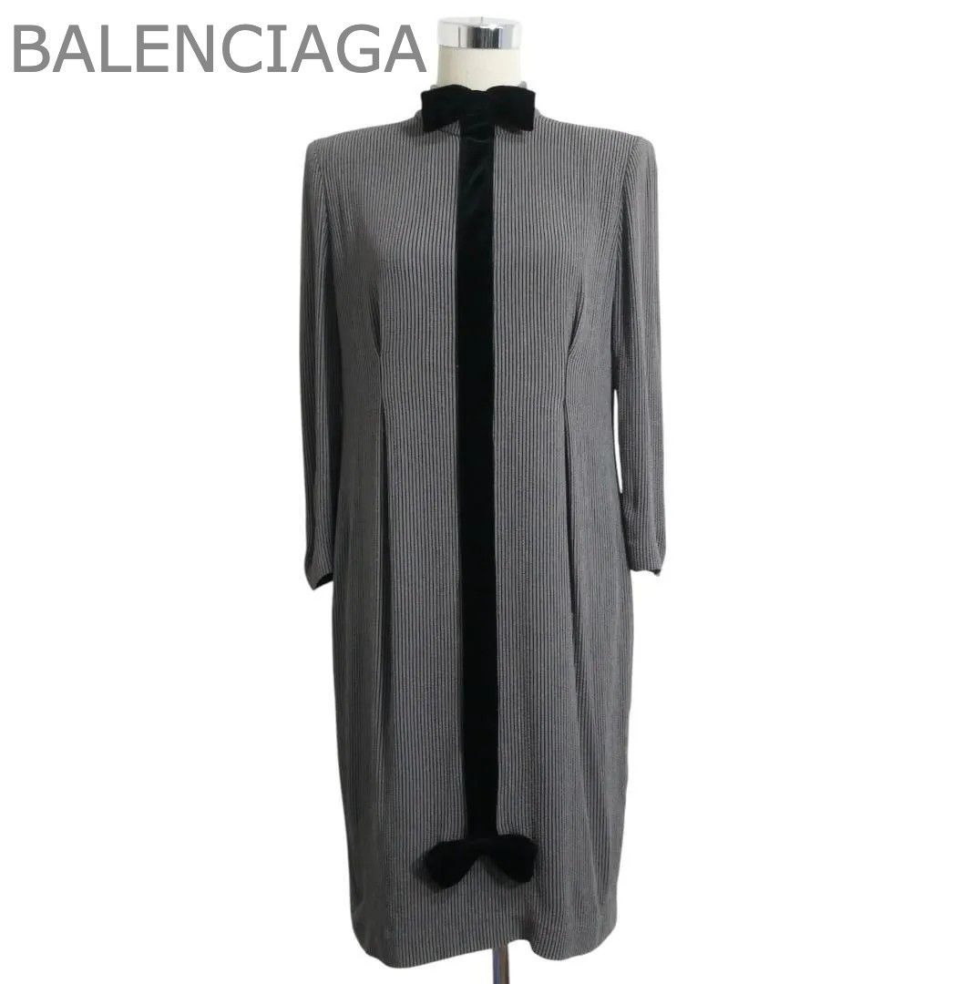 BALENCIAGA バレンシアガ ワンピース ドレス リボン モックネック 長袖 膝丈 ストライプ柄 グレー×ブラック サイズ11 レディース