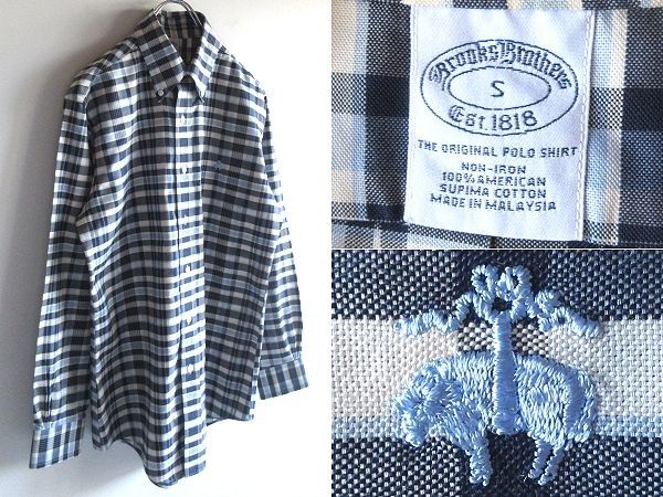 Brooks Brothers ブルックスブラザーズ 羊ロゴ刺繍 アメリカンスーピマコットン チェックシャツ BDシャツ S ネイビー ブルー オフホワイト 紺 青 白