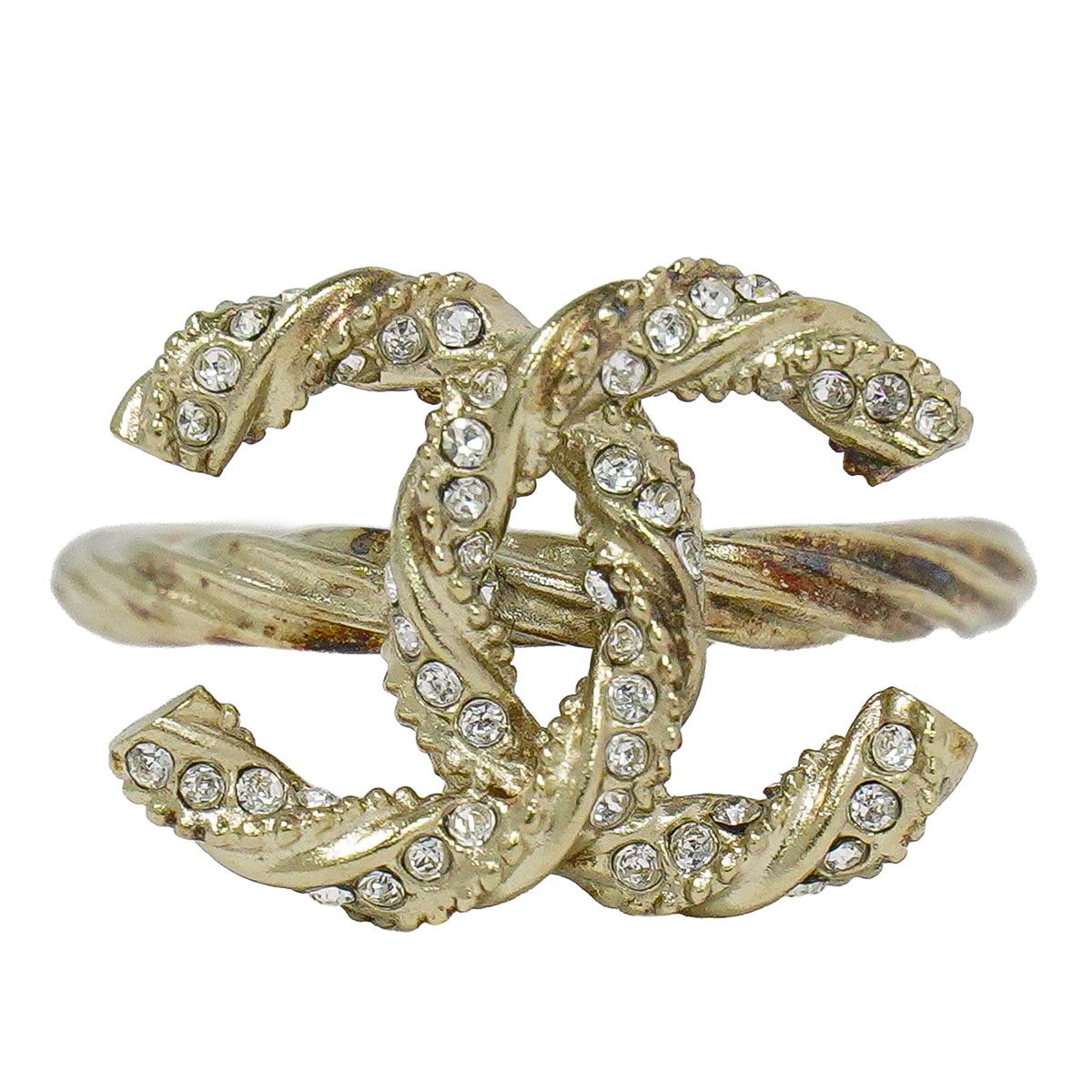 本物 シャネル CHANEL ココマーク ラインストーン リング 指輪 11.5号 GP ゴールド メッキ Coco Mark アクセサリー ジュエリー 中古・