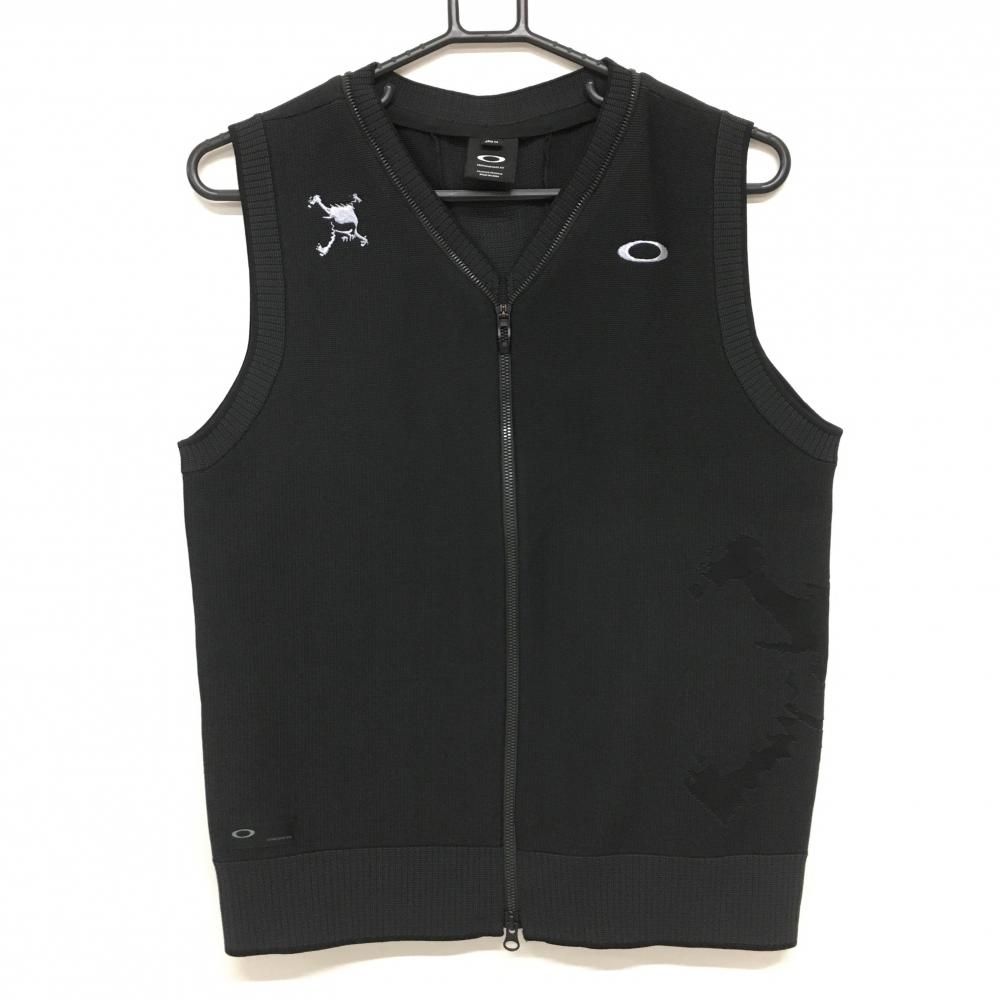 【超美品】オークリー ジップニットベスト 黒 背面センターメッシュ ロゴライトグレー メンズ M ゴルフウェア Oakley