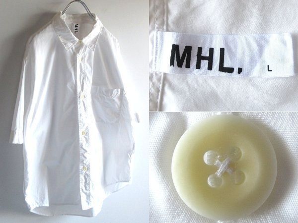MHL. マーガレットハウエル 2022SS GARMENT DYE BASIC POPLIN 半袖 コットンポプリン シャツ L 白 ホワイト MARGARET HOWELL