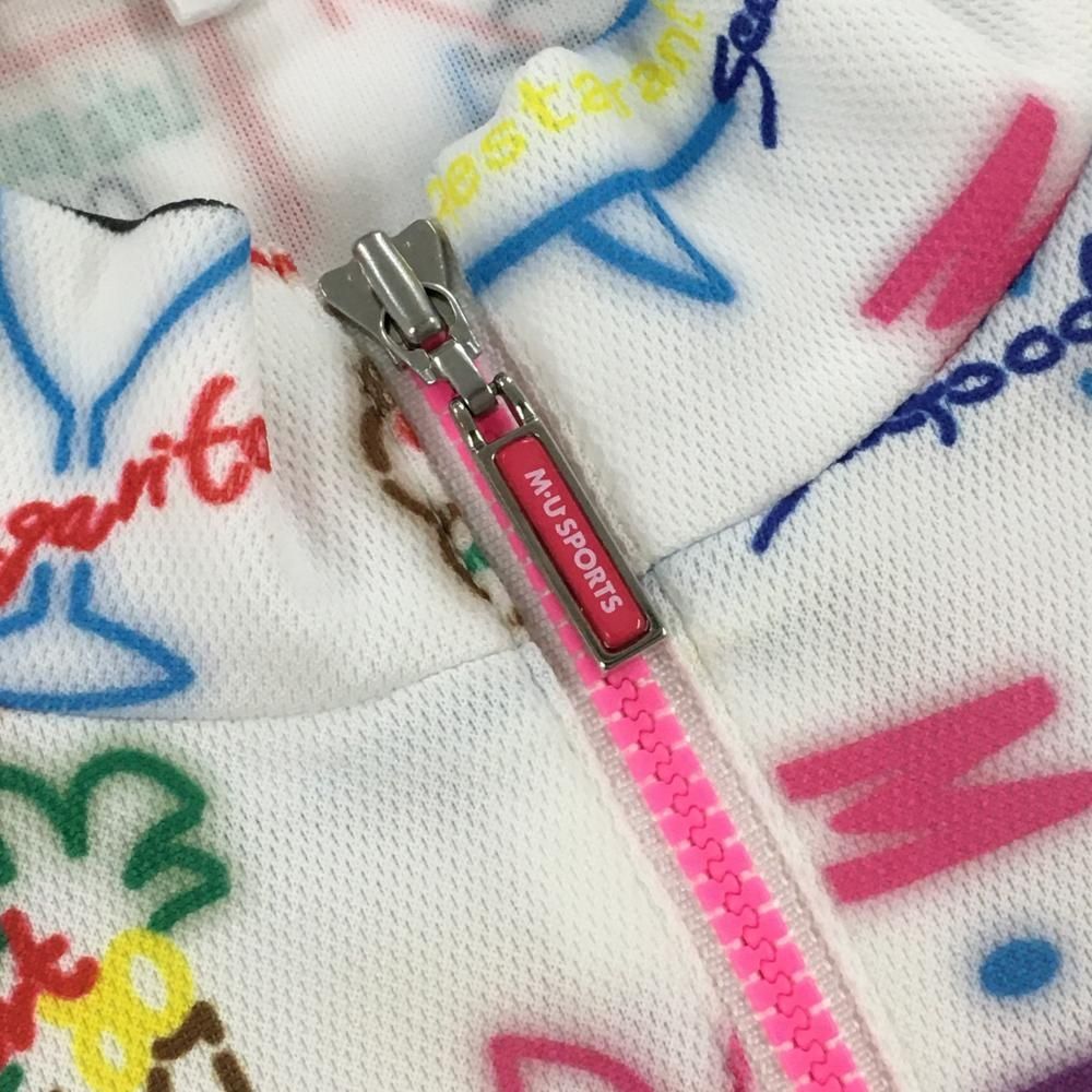 MUスポーツ ハイネック半袖シャツ 美品】MUスポーツ 半袖ハイネックシャツ 白×マルチカラー ネオン調 総