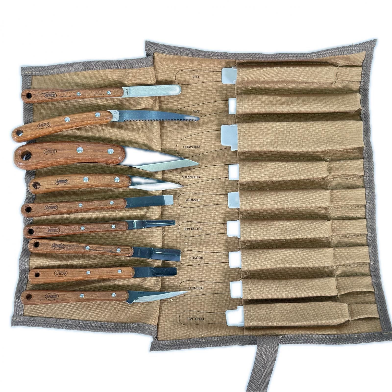 HIRO KNIVES ヒロ ナイブズ 彫刻刀セット 彫刻刀 ９本セット ウッドカービングナイフ 木彫り用 ブラウン シルバー
