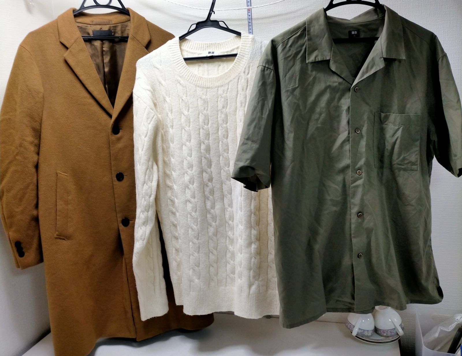 UNIQLO レディースＬ まとめ売り チェスターコート ケーブルニット 開襟シャツ ユニクロコーデ3点セット 260211-1T UNIQLO レディースL まとめ売り チェスターコート ケーブルニット