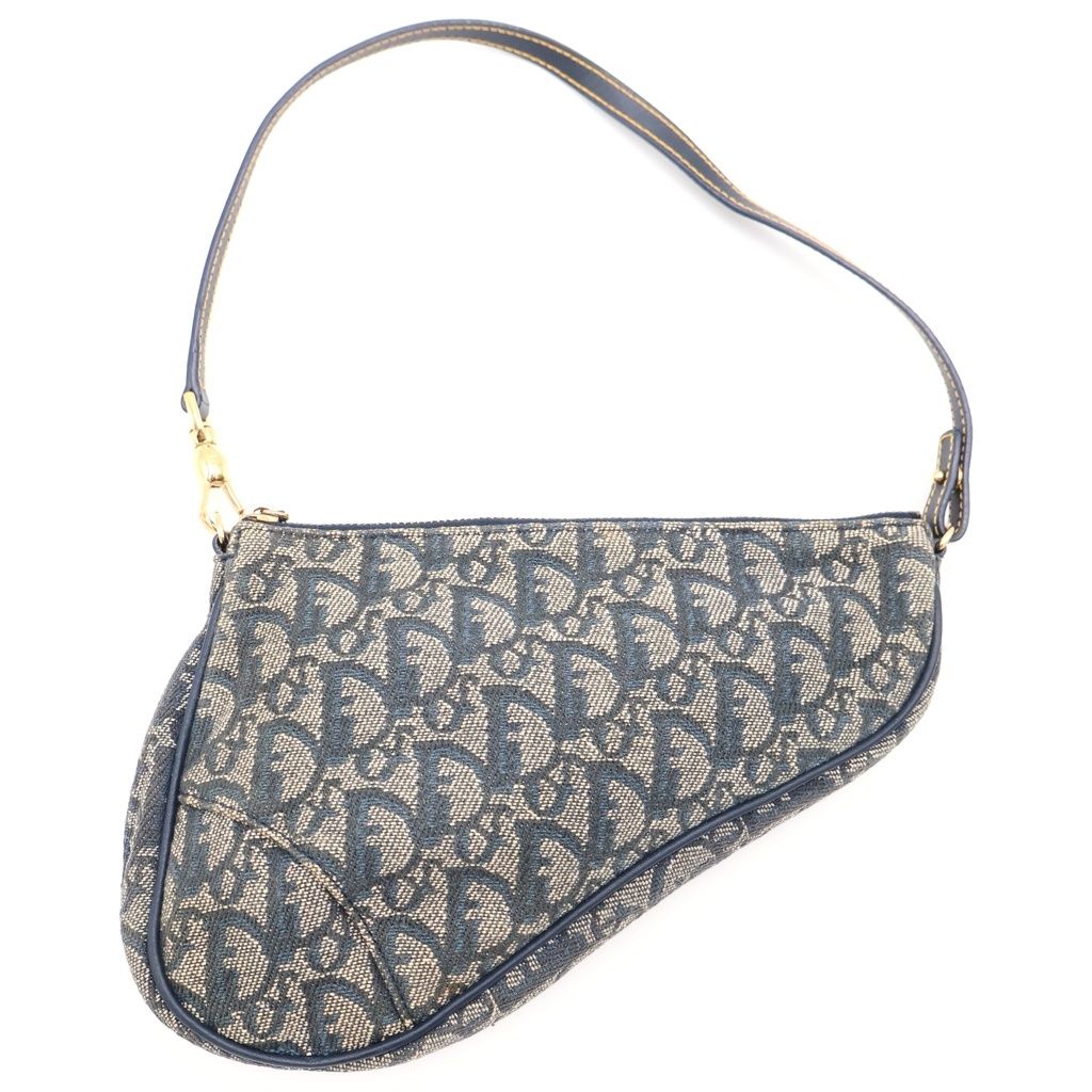 Christian Dior (クリスチャンディオール) トロッター サドルバッグ ミニバッグ ハンドバッグ ポーチ ネイビー レザー×キャンバス ゴールド金具 47,124円