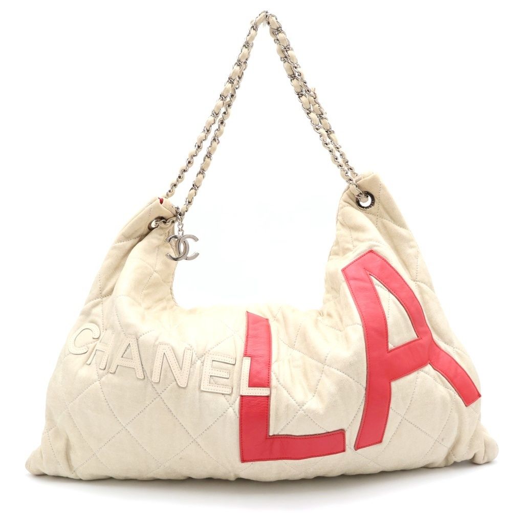 CHANEL (シャネル) クルーズライン LA ワイルドステッチ ワンショルダーバッグ トートバッグ レッド×アイボリー コットン×レザー シルバー金具