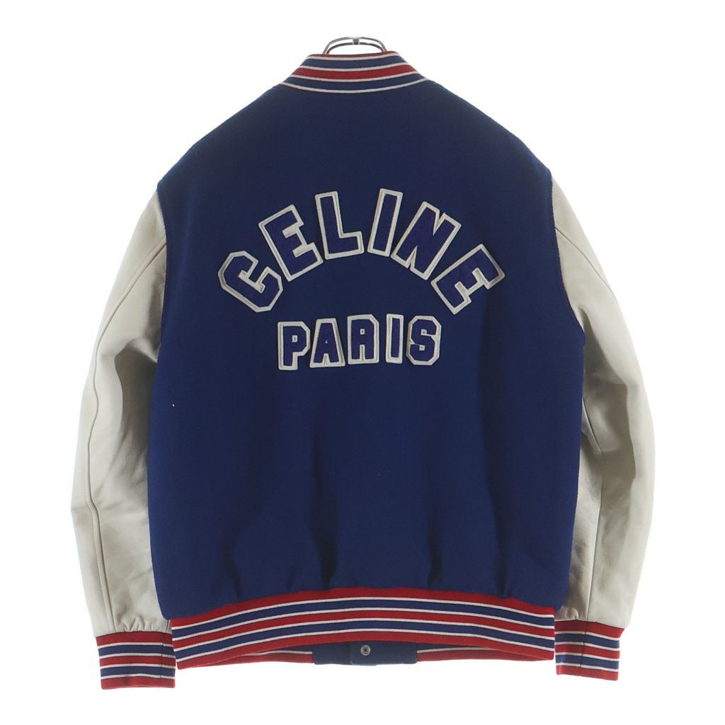 CELINE (セリーヌ) テディ ワッペンロゴ レザー ウール スタジアムジャケット スタジャン ブルゾン ブルー 2W804896C