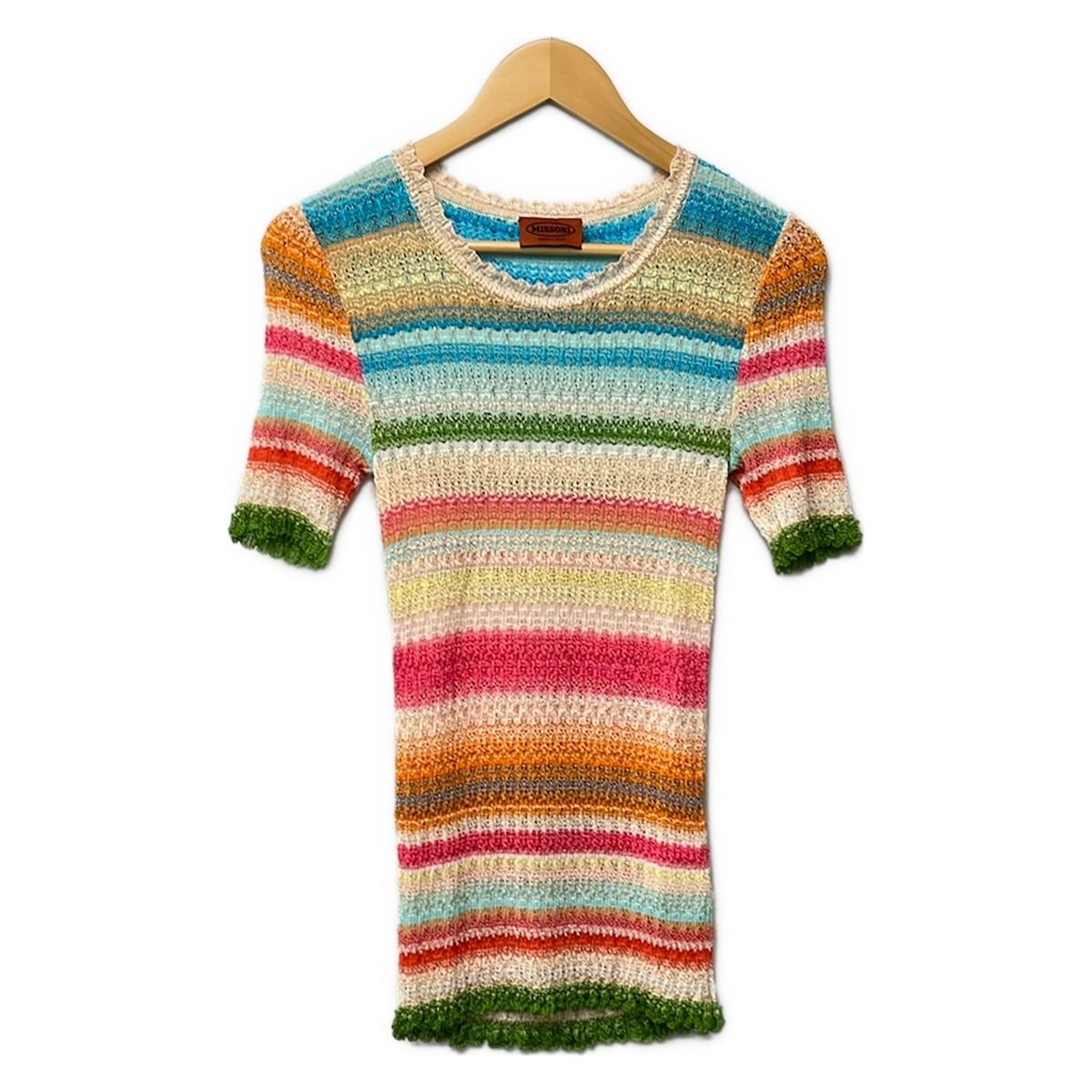 MISSONI - MISSONI(ミッソーニ) 半袖セーター サイズ46 L レディース美品  - ダークブラウン×ダークイエロー×マルチ クルーネック/ボーダー MISSONI(ミッソーニ) 半袖セーター サイズ46 L レディース美品