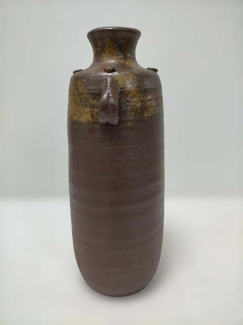 送料無料】備前焼 木村陶峰 造 耳付 花瓶 花器 無釉 焼締 陶器 壺 作家