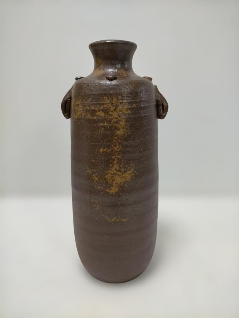 送料無料】備前焼 木村陶峰 造 耳付 花瓶 花器 無釉 焼締 陶器 壺 作家