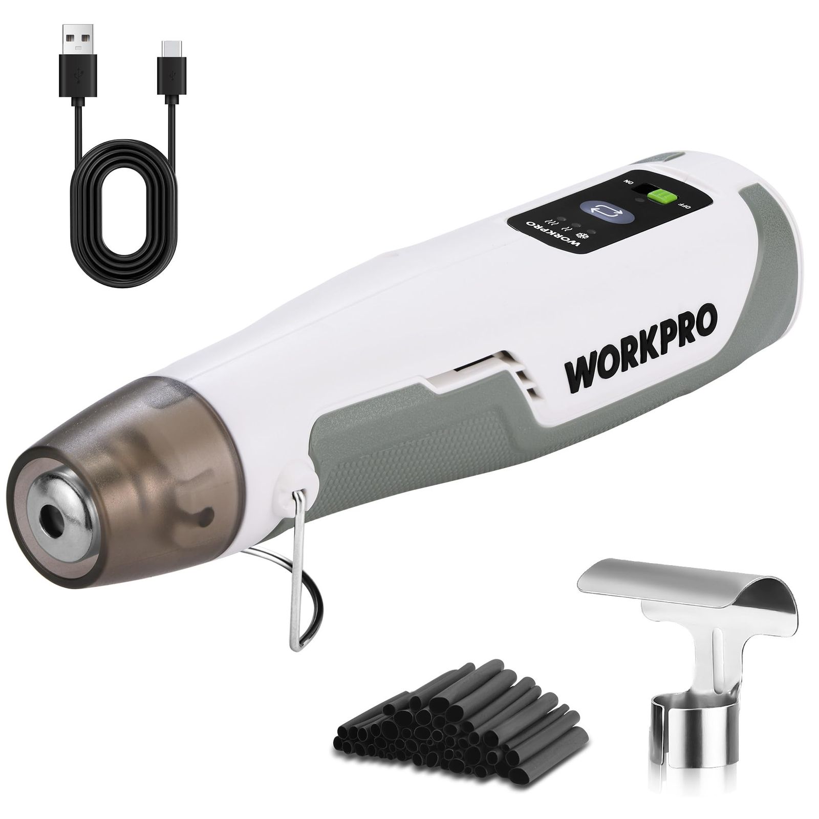 【第二代 新登場】WORKPRO ヒートガン ホットガン 7.4V【コードレスタイプ】 USB充電式 300℃／450℃急速加温 2段階加熱可能 充電ライト付 過負荷保護 収縮チューブ レジン気泡とり ステッカー剥がし 接合 補修 熱処理 乾 c1e9e3c6