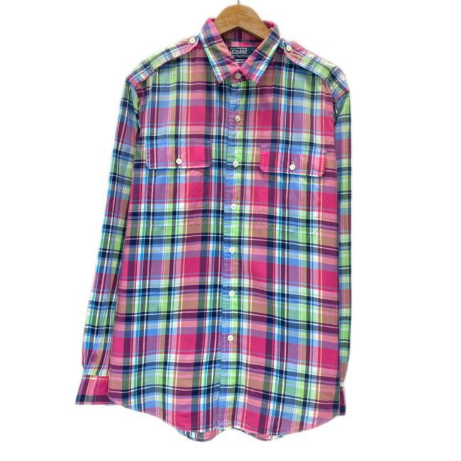 【中古】　POLO by RALPH LAUREN　チェックシャツ　長袖　シャツ　トップス　レギュラーカラー　胸ポケット　エポーレット　古着　/1552