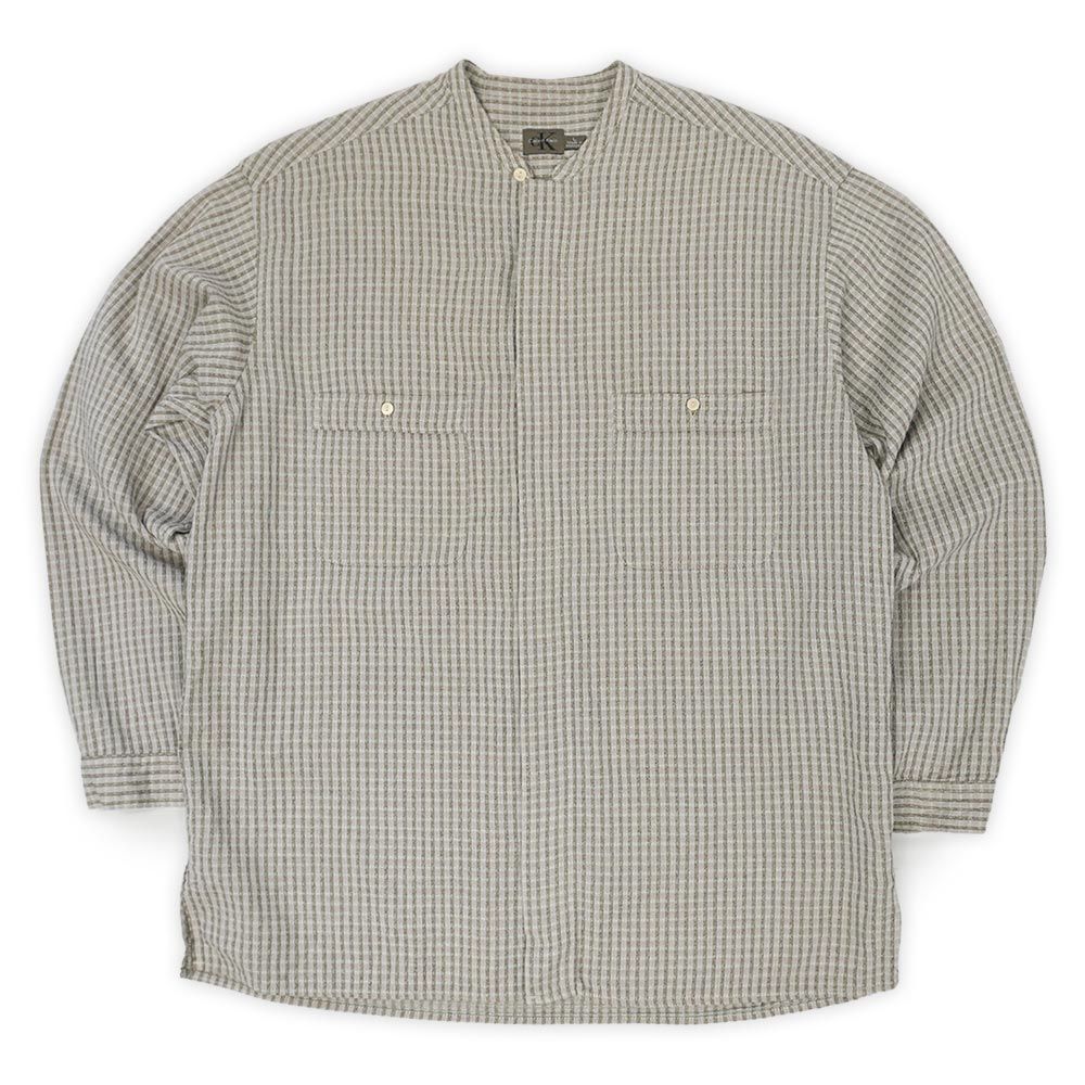 カルバン・クライン Calvin Klein 90s 90年代 バンドカラーシャツ 比翼 ループカラー オープンカラー オールド 珍品 USA ヴィンテージ アメリカ 古着 メンズ シャツ ライトグレー系 チェック柄 L【中古】