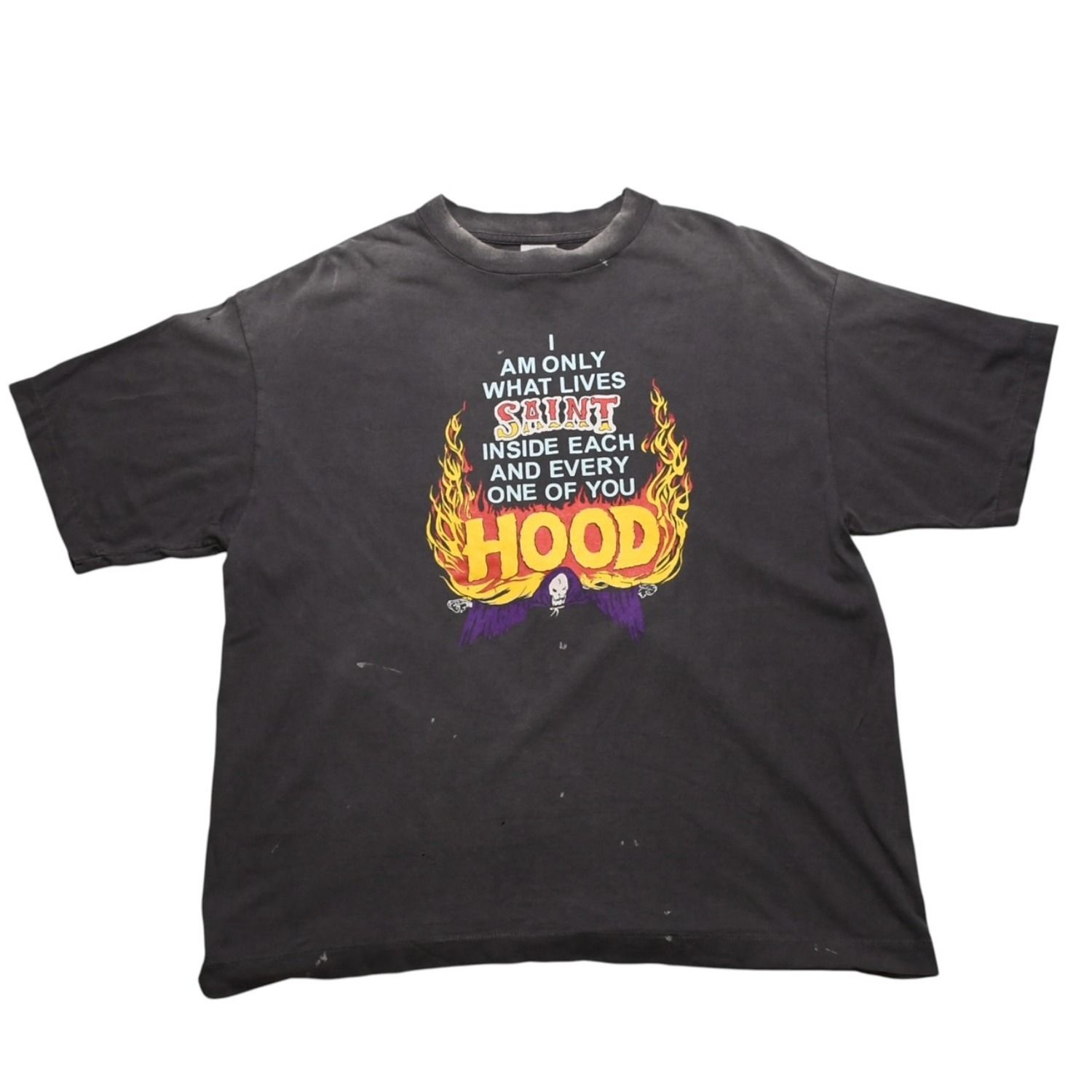 極美品 SAINT MICHAEL セントマイケル 25SS SM-HR8-0000-087 ロゴプリントヴィンテージ加工 Tシャツ グレー サイズL 中古 4a002593
