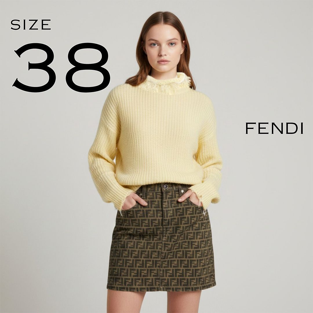 FENDIフェンディ 16AW 高級カシミア山羊ファー フリンジ ドッキング ローゲージリブニット 38(M) クリーム オフホワイト【古着】【中古】【送料無料】