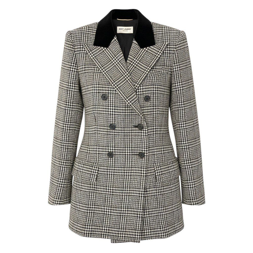 51e19 SAINT LAURENT PARIS サンローラン ツイードジャケット ロングジャケット ダブルブレスト グレンチェック サイズF38 ブラック ホワイト レディース 女性服u02t