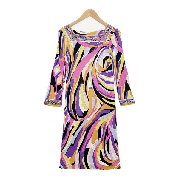 エミリオプッチ EMILIO PUCCI ワンピース ボートネック 七分袖 幾何学柄 16RI80 ミニ丈 レディース USA4 マルチカラー トップス IL18876■