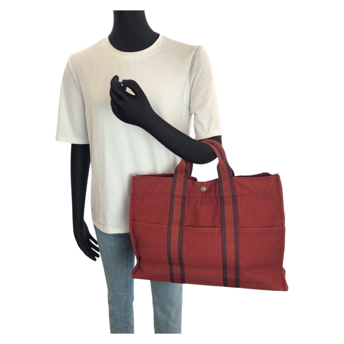 HERMES エルメス フールトゥ MM レッド シルバー金具 キャンバス