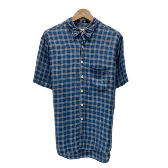 【中古】　Steven alan　チェックシャツ　半袖　シャツ　トップス　レギュラーカラー　胸ポケット　リネン　リネンシャツ　セレクト　古着　/1125