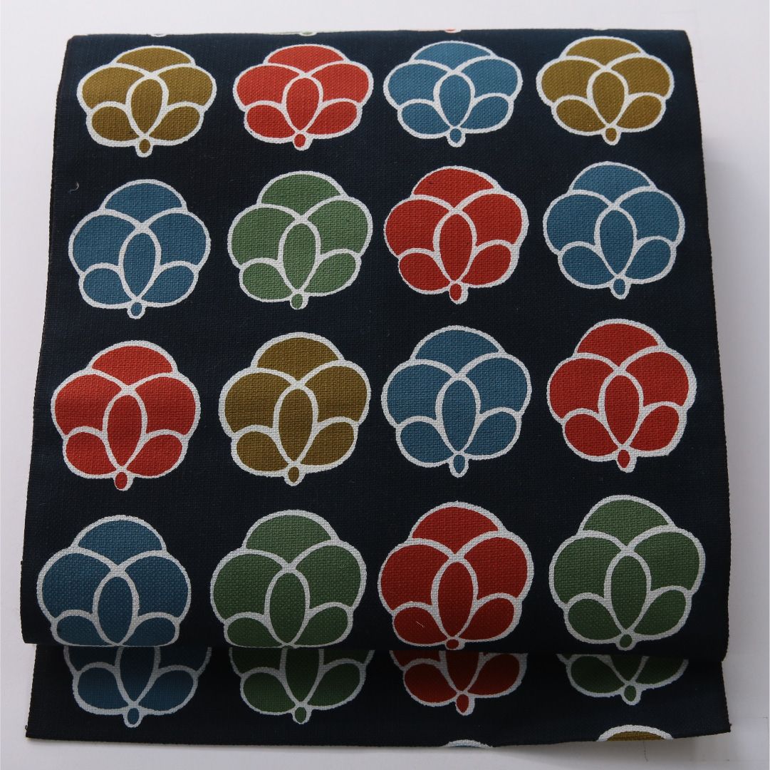 お買い得品！八寸名古屋帯 Sランク 帯丈370cm ウール 洗える帯 六通 松葉仕立て 染め インフォーマル 塩瀬 花柄 紺系 RP 1245-03654