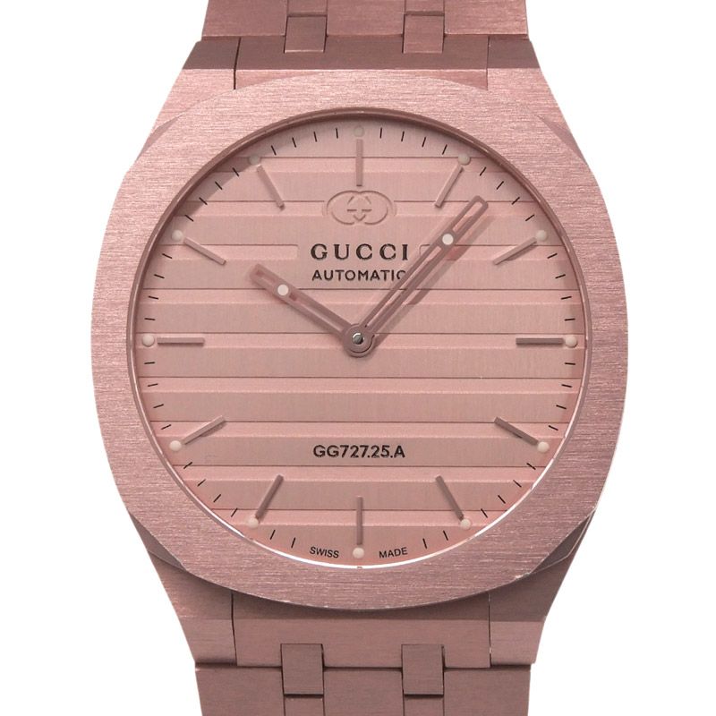 グッチ GUCCI 25H メンズ 自動巻き 腕時計 アルミニウム ピンク文字盤 シースルーバック GG727.25.A 中古 新入荷 GU0687